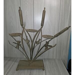 Vintage 3 Tiered Candle Holder Tole Ware Snail Dragonfly Cat Tails Reeds Metal